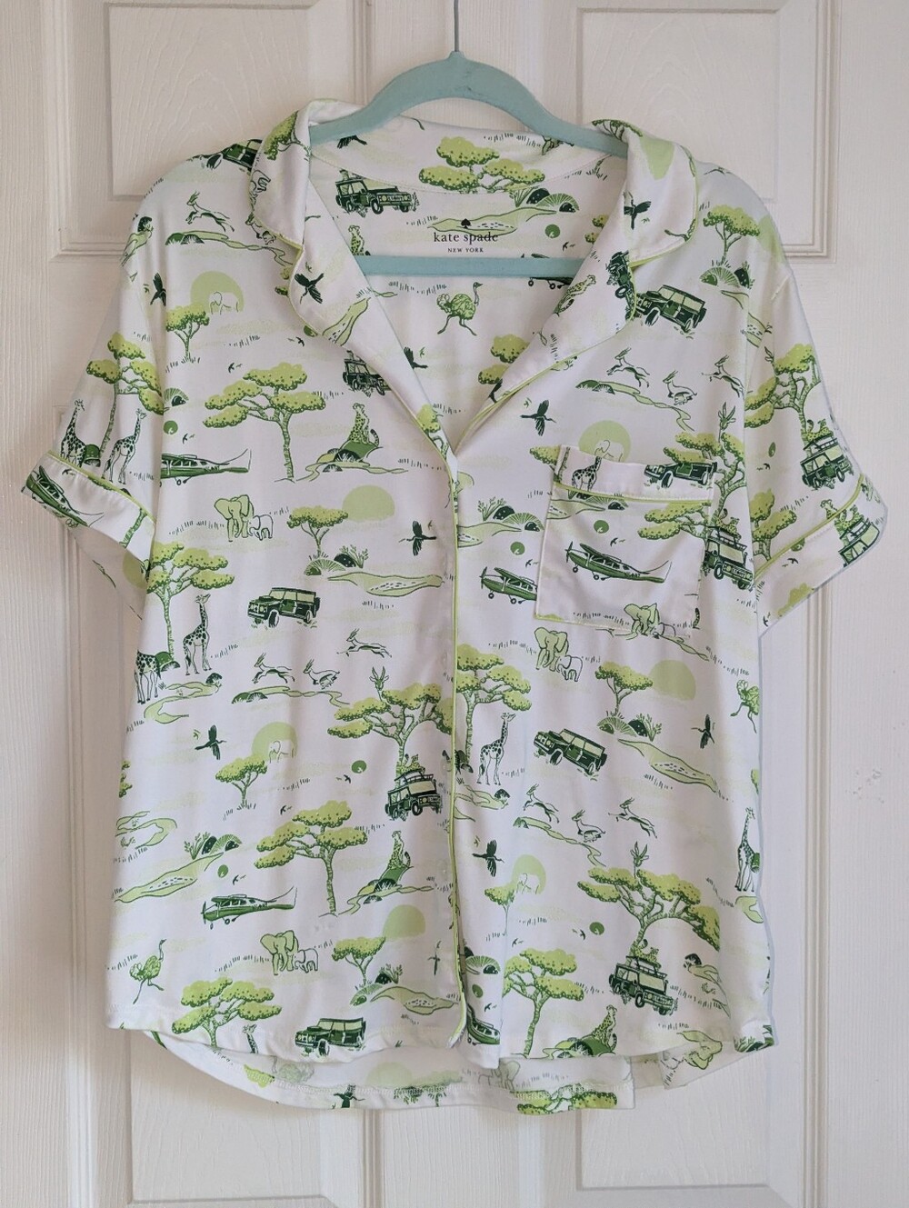 Kate Spade Pajama Top in Safari - White with Green Print. Size XL